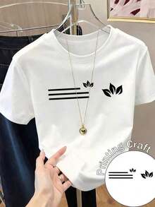 100% cotton Camiseta con estampado de camisa casual para mujer, manga corta y cuello redondo, moda urbana local de primavera/verano. - Blanco - Ver 6