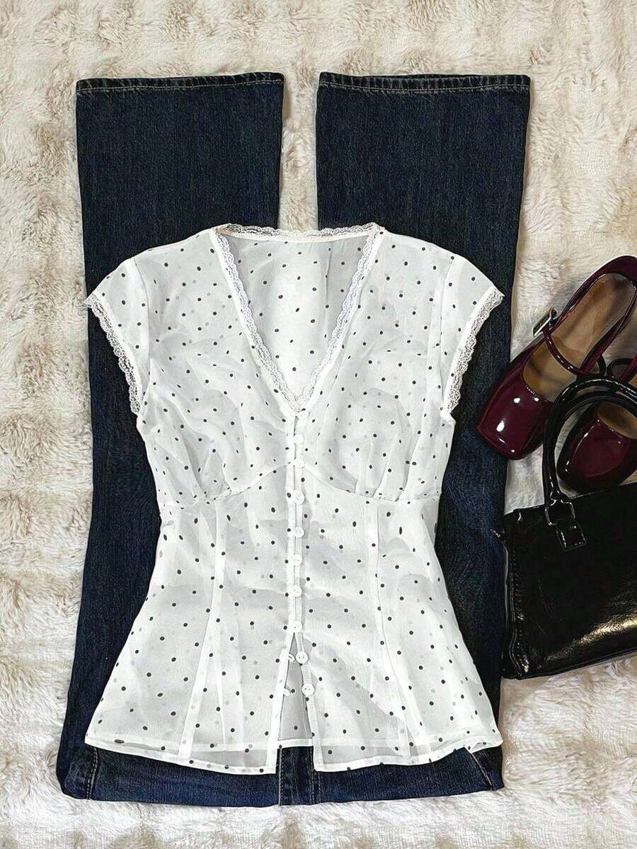 Camiseta de manga corta con botones y estampado de lunares con encaje de contraste para mujer - Blanco - Ver 1