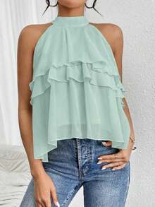Blusa de gasa con volantes asimétricos y cuello suelto - Verde - Ver 5