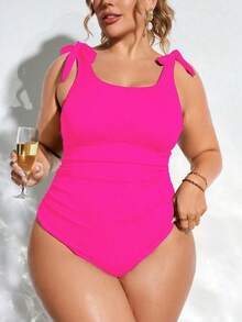 1 pieza Traje de baño de una sola pieza con fruncido de unicolor, estilo de vacaciones en la playa de verano para tallas grandes - Rosa Fucsia - Ver 6