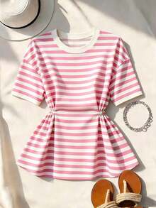 Camiseta de manga corta de cuello redondo con cintura a rayas, casual de verano para mujer - Rosa - Ver 4