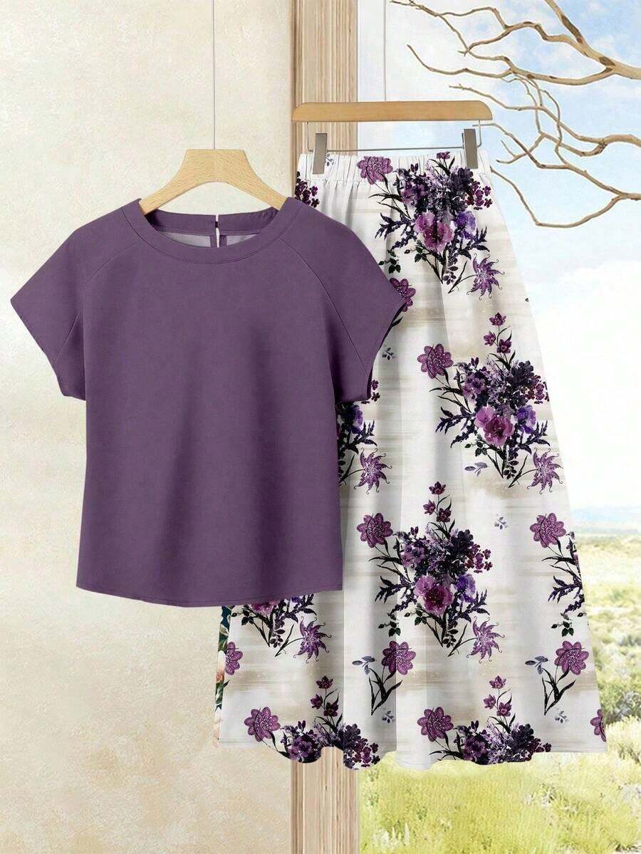 Set de 2 piezas Blusa de unicolor + Falda estampada con flores moradas de estilo casual de vacaciones para mujer, Conjunto de verano para mujer, Conjunto de falda y blusa, Conjunto de falda y blusa para mujer, Conjunto de falda estampada de pri - Multicolor 18 - Ver 1
