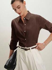 2026 Nueva Camisa Básica Versátil y Elegante para Mujer con Botones Delanteros y Cuello Mao en Color Azul Claro, Adecuada para Ir al Trabajo, Uso Diario, Estilo Retro de los 90, Navidad, Año Nuevo, Fiesta de San Valentín, Playa, Graduación, Moda, - Marrón 2 - Ver 3