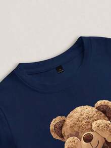 Conjunto de camiseta de manga corta con cuello redondo y estampado de oso de dibujos animados, y pantalones a rayas con cordón en la cintura para mujer - azul real - Ver 4