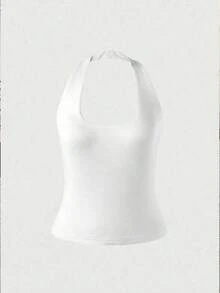 Camiseta sin espalda ajustada de color amarizo sólido con tirantes finos, blusa casual para mujer, adecuada para la playa, el hogar y el uso diario en verano - Blanco - Ver 6