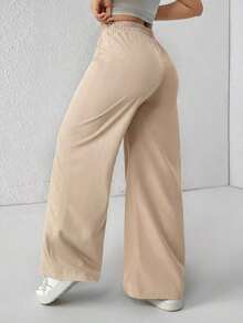 Pantalones de pierna de campana con cintura alta, elásticos y acanalados para mujeres - Caqui - Ver 3