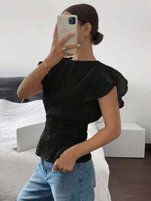 Blusa de mujer de cuello redondo liso, con mangas con volantes y cintura ceñida - Negro - Ver 3