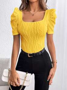 Privé Camiseta De Cuello Cuadrado Y Manga Corta Ajustada Con Textura - Amarillo - Ver 3