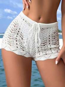 Swim Shorts de covertura de playa con lazo delantero hueco de unicolor para mujer - Blanco - Ver 1