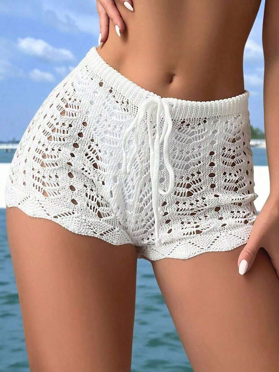 Swim Shorts de covertura de playa con lazo delantero hueco de unicolor para mujer - Blanco - Ver 1