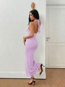 Vestido elegante de mujer de unicolor con cuello drapeado de malla, vestido largo, estilo vacacional, adecuado para vacaciones de otoño/invierno - Púrpura malva - Ver 2