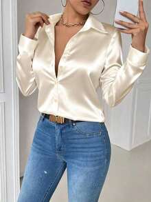 Blusa de mujer de manga larga ajustada con bolsillo y cuello casual en color blanco - Albaricoque - Ver 6
