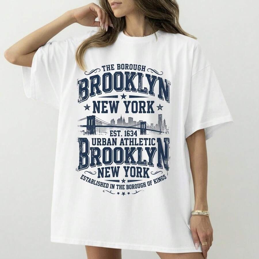 Camiseta Deportiva Vintage con Gráficos de Brooklyn, Nueva York| Camiseta con diseño de la ciudad - Blanco - Ver 1