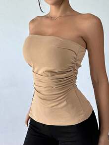 Top Sin Tirantes Con Pliegue Dividido - Caqui - Ver 3