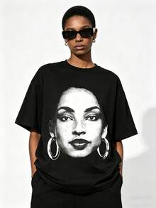 Camiseta de manga corta con cuello redondo suave y casual para mujer, talla grande, a la moda para el verano, tops para salir, de algodón, estilo vintage, estilo callejero europeo y americano, casual deportivo, estilo unisex, estilo casual urbano, tops bonitos, G - Negro - Ver 1