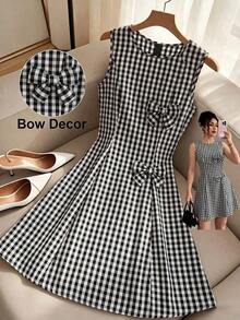Vestido de línea A con cintura ceñida, decorado con lazo, a rayas azul y blanco, adecuado para la escuela, picnic de fin de semana, salida casual con amigos, de estilo fresco y dulce - Negro - Ver 7