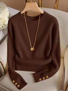 Elegante camiseta de punto de cuello redondo, top de punto minimalista de moda, otoño/invierno - Marrón 2 - Ver 6