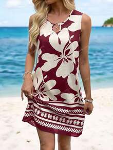 Vestido de verano casual con estampado tropical para vacaciones de mujer - Rojo - Ver 1