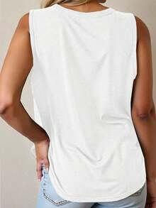 Camiseta de tirantes casual y versátil con cuello redondo y rayas para mujer - Blanco 3 - Ver 2