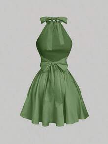 MOD Vestido mini con espalda descubierta, retorcido y fruncido en unicolor para mujer, vestidos de otoño para mujer, vestido, vestido, Acción de Gracias, vestidos elegantes para fiesta, vestido de invitada de boda, vestido de graduación, vestido de gala, vestido de noche elegante para boda - Verde - Ver 3