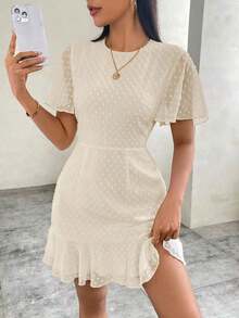 Vestido corto de mujer con estampado de lunares, mangas con volantes y diseño en línea A de gasa - Albaricoque - Ver 7
