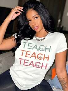 Women's Casual T-Shirts,Women's Round Neck T-Shirt With Teach Compassion Kindness Confidence Print Graphic Tee For Casual Wear And Teaching,Women's T-Shirt, Y2K Style, Summer Fashion Tees, Streetwear Casual Sets and Tops - Blanco - Ver 3