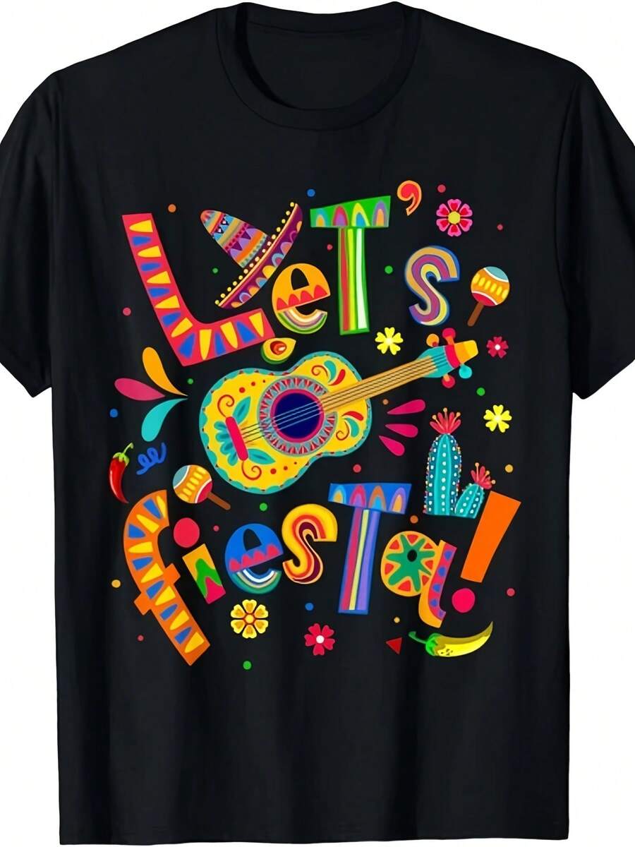 Let's Fiesta Cinco De Mayo Fiesta Squad T-Shirts Mexican Fiesta Gift Unisex Short Sleeve Printed T-Shirt Unique Style For Men And Women Summer 2025 Pure 220G - 黑色 - 查看 1