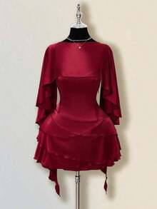 ICON Vestido mini ajustado de satén con volante asimétrico en el bajo, vestido formal de fiesta con espalda descubierta y silueta de línea A para mujer - Burdeos - Ver 2
