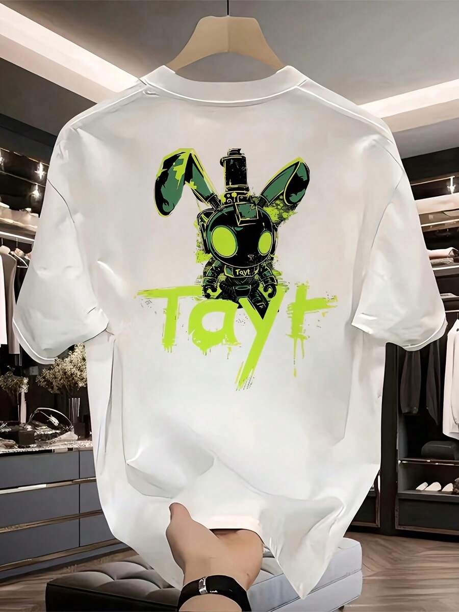 Men's 100% Heavyweight Cotton T-Shirt - Black With Neon Green Short Sleeves And Crew Neck, Casual Summer Wear For Outdoor Activities, Gym And Night Out, Breathable Fabric, Care Instructions (Hand Wash/Dry) - Green Print For Everyday Use - 黑色 - 查看 1