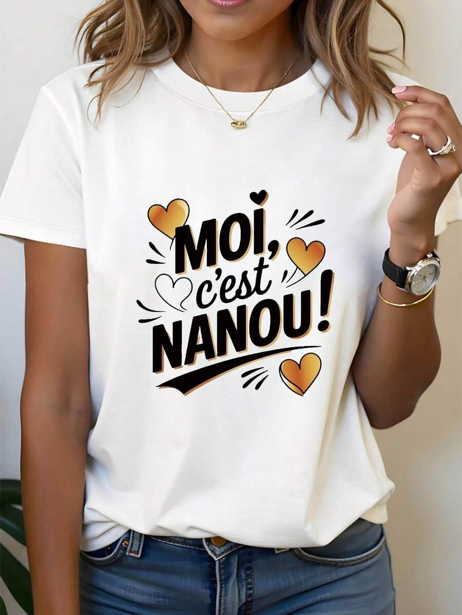 French I Am Nanou Women's T-Shirt With Letter And Gold Heart Print, Short Sleeve, Round Neck, Casual Style For Summer And Spring, Women's Clothing - 白色 - 查看 1