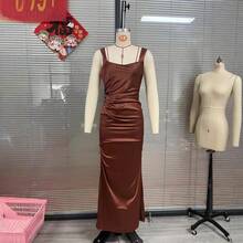Elegant Satin Mermaid Maxi Dress, Square Neck With Ruched Waist, Bodycon Formal Evening Gown For Women - 藍色 - 查看 5