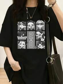 Ropa casual de verano para mujer, de manga corta y a la moda, adecuada para todas las estaciones, una camiseta Q-version hecha por un fan con diseños de múltiples personajes de un actor, el estilo general es lindo y con un toque sentimental. - Negro 1 - Ver 12