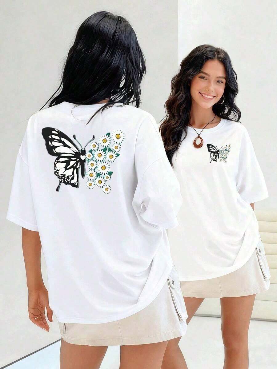Monarch Butterfly Fused With White Daisies, Women's T-Shirt, 100% Cotton, Symbolizes Transformation, Beauty, And Delicacy-Perfect Balance For Your Everyday Wear. Suitable For Spring, Summer, And Autumn - 白色 - 查看 1