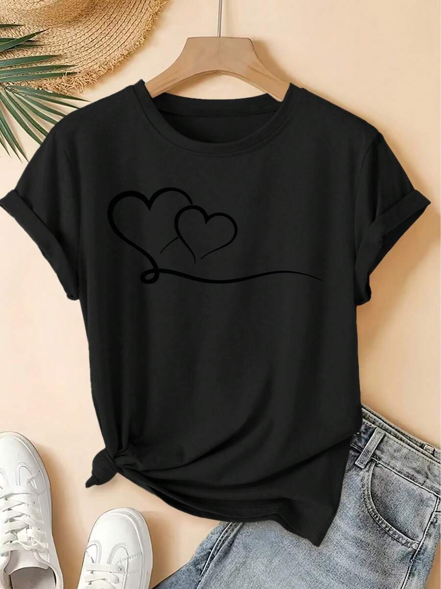 Primavera/Verano 2026, Nueva Camiseta de Manga Corta para Mujer con Cuello Redondo y Estampado de Doble Corazón, Estilo Vintage Desgastado, Top Casual, Tela Suave, Ropa de Alta Calidad para Mujer. | Diseño Divertido y Peculiar | Adecuado para uso diario en primavera, verano y otoño. | Era Divertida - Negro - Ver 1