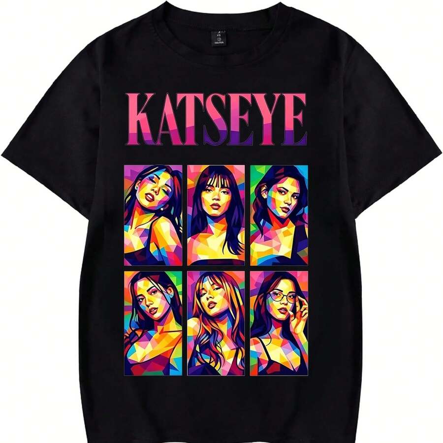 Camiseta Katseyes Tour Merch Shirt Fashion Graphic T1EEs Print Tshirts for Fans Camiseta unisex de algodón grueso de 220 g, suave y transpirable con excelente elasticidad, agradable para la piel y cómoda para usar todo el día. Diseño clásico e informal fácil de combinar, ideal para salidas diarias, estilo urbano, deportes, citas y reuniones informales durante todo el año. - Negro - Ver 1