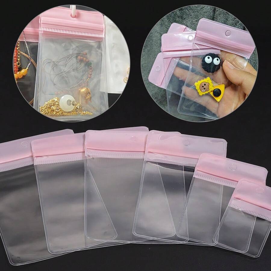 10 piezas/paquete Bolsas colgantes autosellantes de EVA rosa, bolsas de embalaje para joyas de moda minimalistas transparentes y con escarcha de varios tamaños, bolsas de almacenamiento para joyas y cuentas