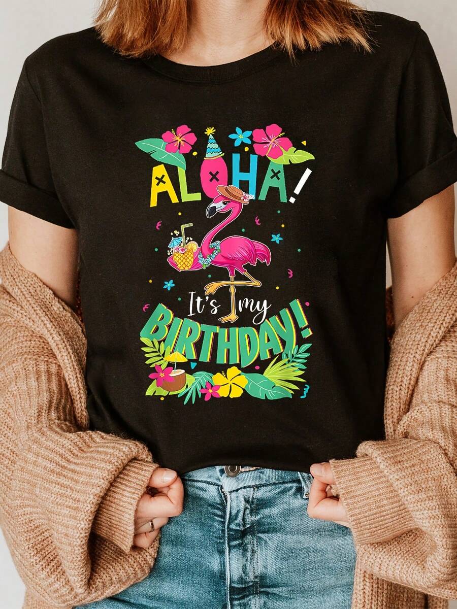 Camiseta de Cumpleaños con Estampado de Letras de Moda de Flamingo Hawaiano Feliz, Top Casual de Manga Corta y Cuello Redondo para Verano y Primavera, Ropa de Mujer - Negro - Ver 1