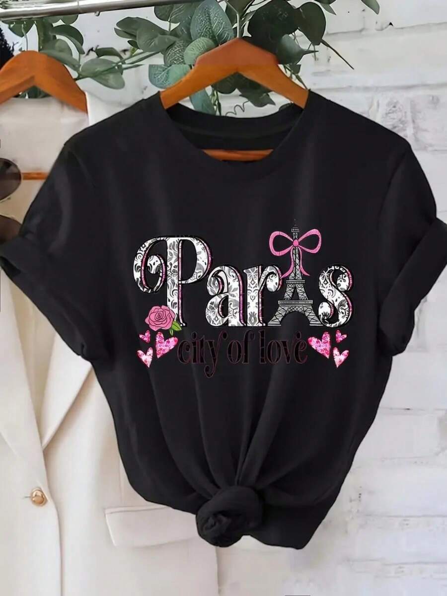 Camiseta de Mujer con Estampado, Cuello Redondo, Manga Corta, Moda Primavera-Verano, Top Casual - Negro - Ver 1