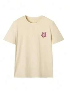 Camiseta de manga corta con cuello redondo y estampado de tiburones, ondas y flores para mujer, moderna y versátil para vacaciones de primavera/verano en color blanco. - Albaricoque - Ver 4