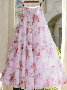 Falda de mujer de verano con estampado floral y parches superpuestos - Morado - Ver 1