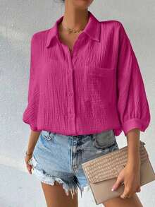 Camisa de mujer minimalista y casual de unicolor con botones delanteros, textura y hombros caídos - Rosa Fucsia - Ver 4