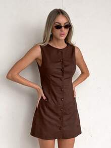 Vestido tipo tirante de algodón puro 2026, corte A ajustado, estilo elegante y sofisticado. - Café - Ver 2