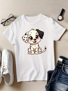 Camiseta de mujer con estampado de diseño de cachorro dálmata de dibujos animados, top casual de manga corta y cuello redondo, adecuada para verano y primavera, ropa de mujer. - Blanco - Ver 1