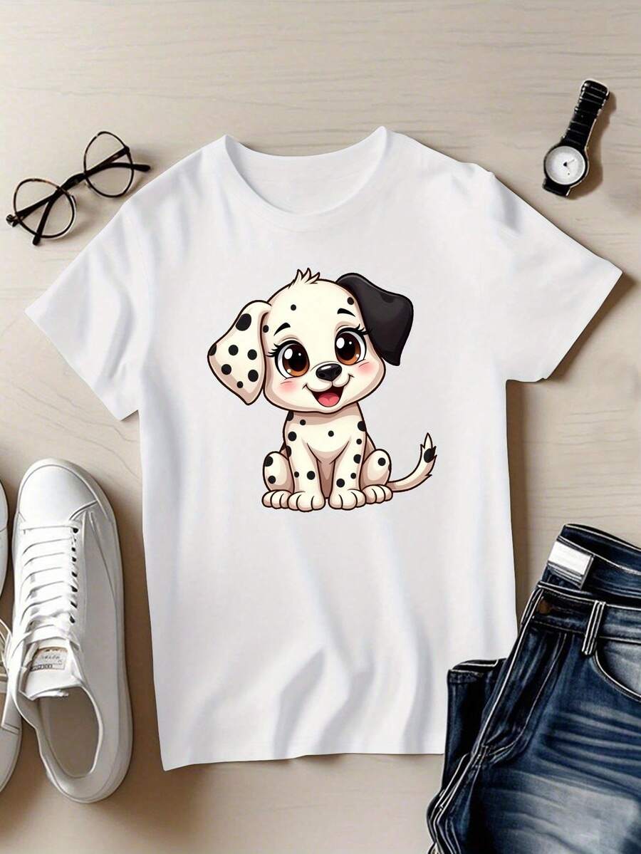 Camiseta de mujer con estampado de diseño de cachorro dálmata de dibujos animados, top casual de manga corta y cuello redondo, adecuada para verano y primavera, ropa de mujer. - Blanco - Ver 1