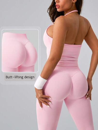 NcmRyu 1 Set Women's Fashion Casual Minimalist Versatile Backless Shaping Sports Bra And Leggings Workout Suit Pink Summer