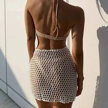2024 Women's Knitted Hollow Out Solid Color Sexy Beach Sunscreen Short Dress Swimsuit Cover-Up Sarong Skirt - 白色 - 查看 3