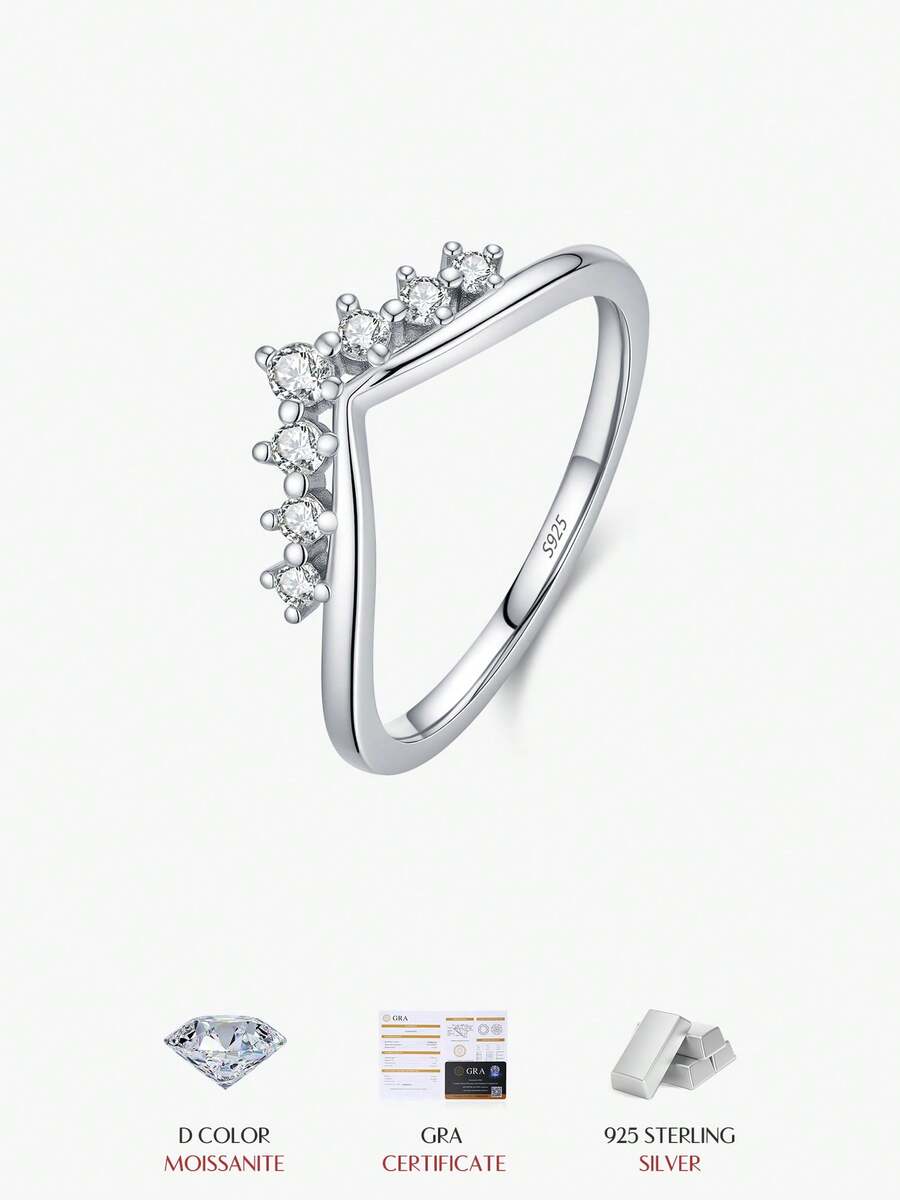 Nhẫn Moissanite và Kim cương nhân tạo MODIAN lấp lánh, bạc Sterling 925, kiểu dáng vương miện, có thể xếp chồng lên nhau, dành cho nữ, trang sức cao cấp dự tiệc. - Bạc - Xem 1