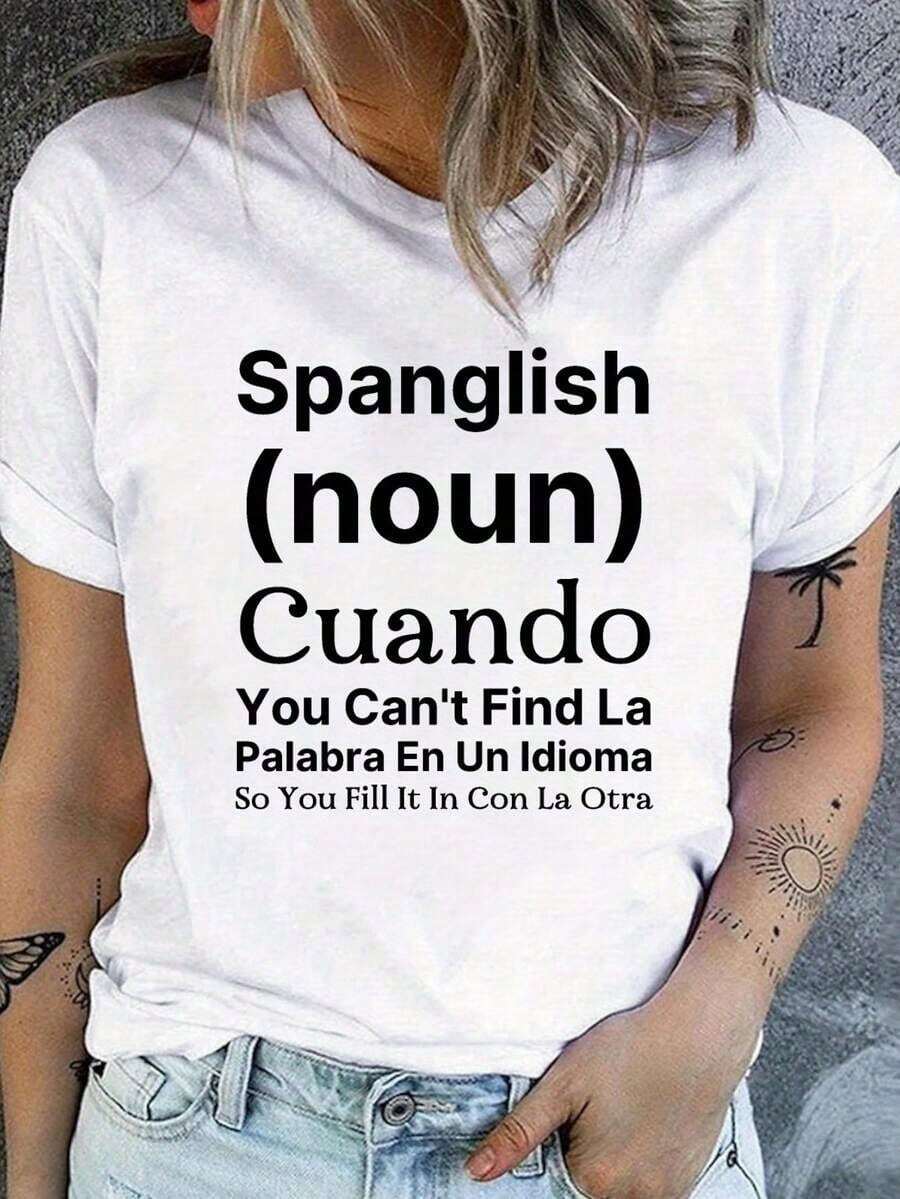 conjuntos de mujer2026Camiseta de cuello redondo con estampado de letras en español, camiseta casual de manga corta para primavera y verano, camiseta de algodón puro para mujer, camisetas geniales para mujer - Blanco - Ver 1
