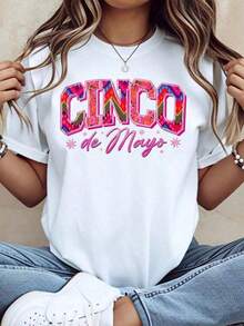 Camiseta Gráfica Cinco De Mayo Vintage 100% Algodón, Diseño de Texto con Estampado Floral Colorido para Celebraciones Festivas, Para Entusiastas de la Cultura Mexicana y Celebrantes de Días Festivos, Playeras de mujer - Blanco - Ver 12