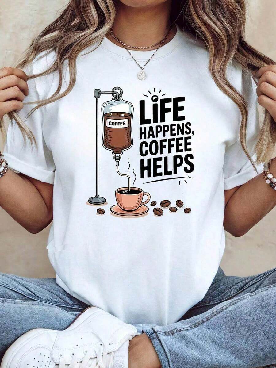 Camiseta de Mujer con Temática Divertida de Café IV - Decoración con Lema Humorístico, Manga Corta Casual, Color Marrón-Rosa, Ideal para Amantes del Café, para el Día a Día. Camiseta Casual de Talla Estándar para Mujer, Transpirable, Ligera, de Manga Corta. - Blanco - Ver 1